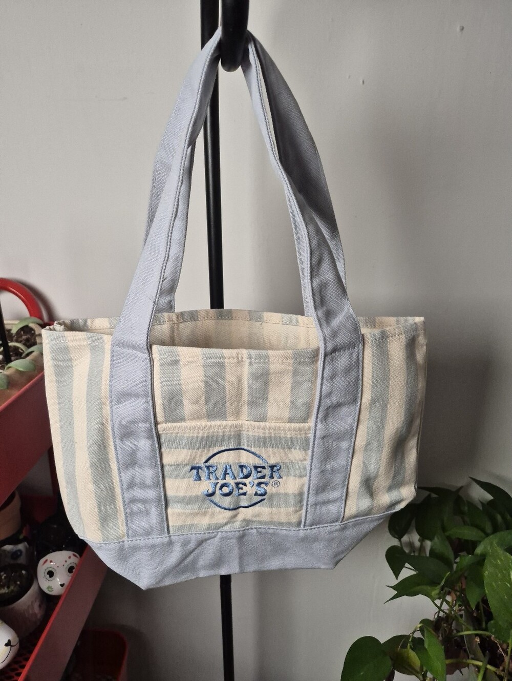 The Viral Trader Joes Mini Tote Blue & Cream Striped Canvas Tote Bag